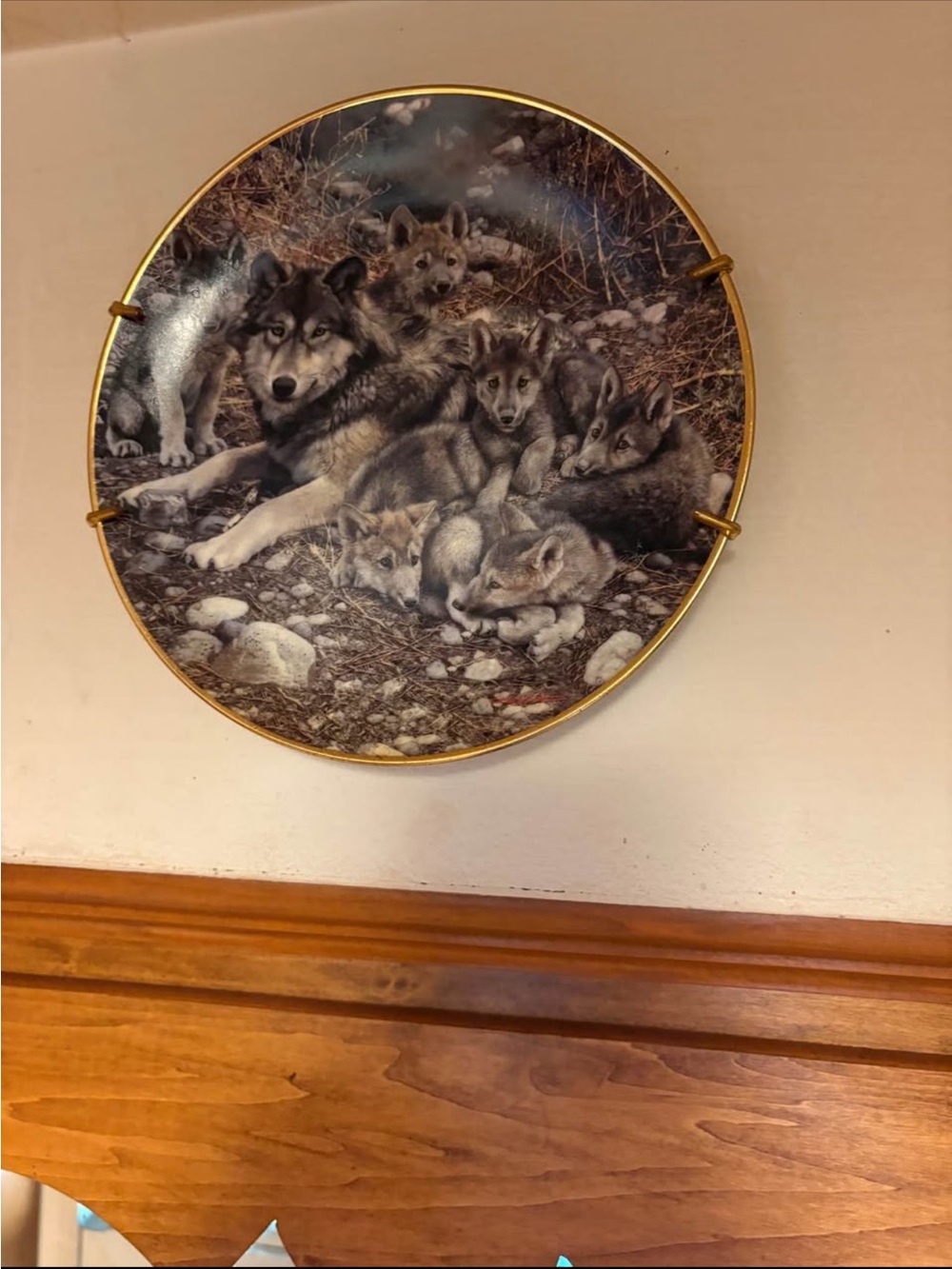 Decorative Wolf Pack Round Wall Plate in Gray and Brown